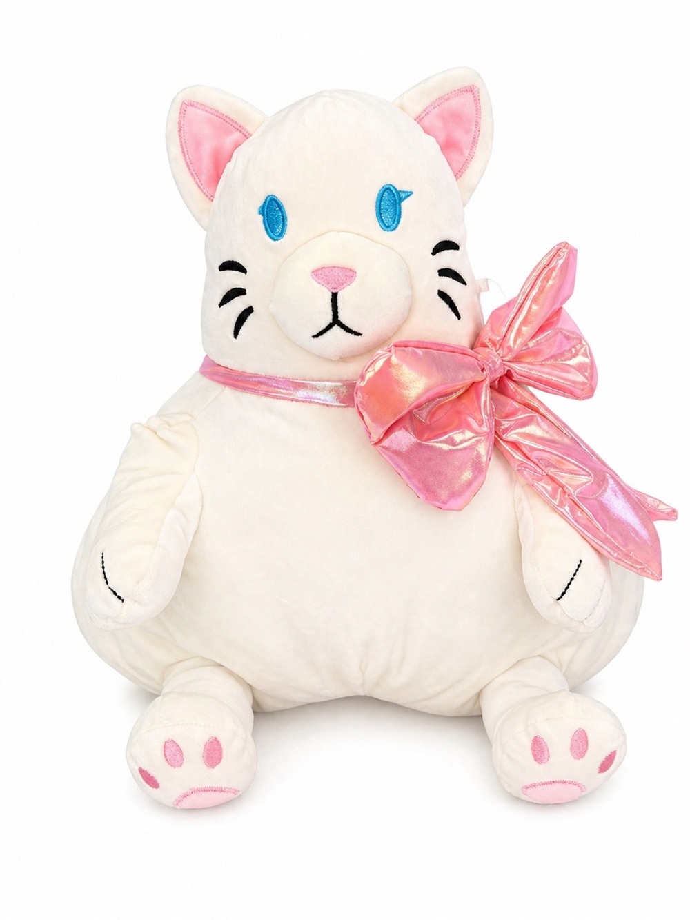 🧸 2/$58 WAY TO CELEBRATE NWT Adorable Large Cream Cat Plush Holographic Pink Bow